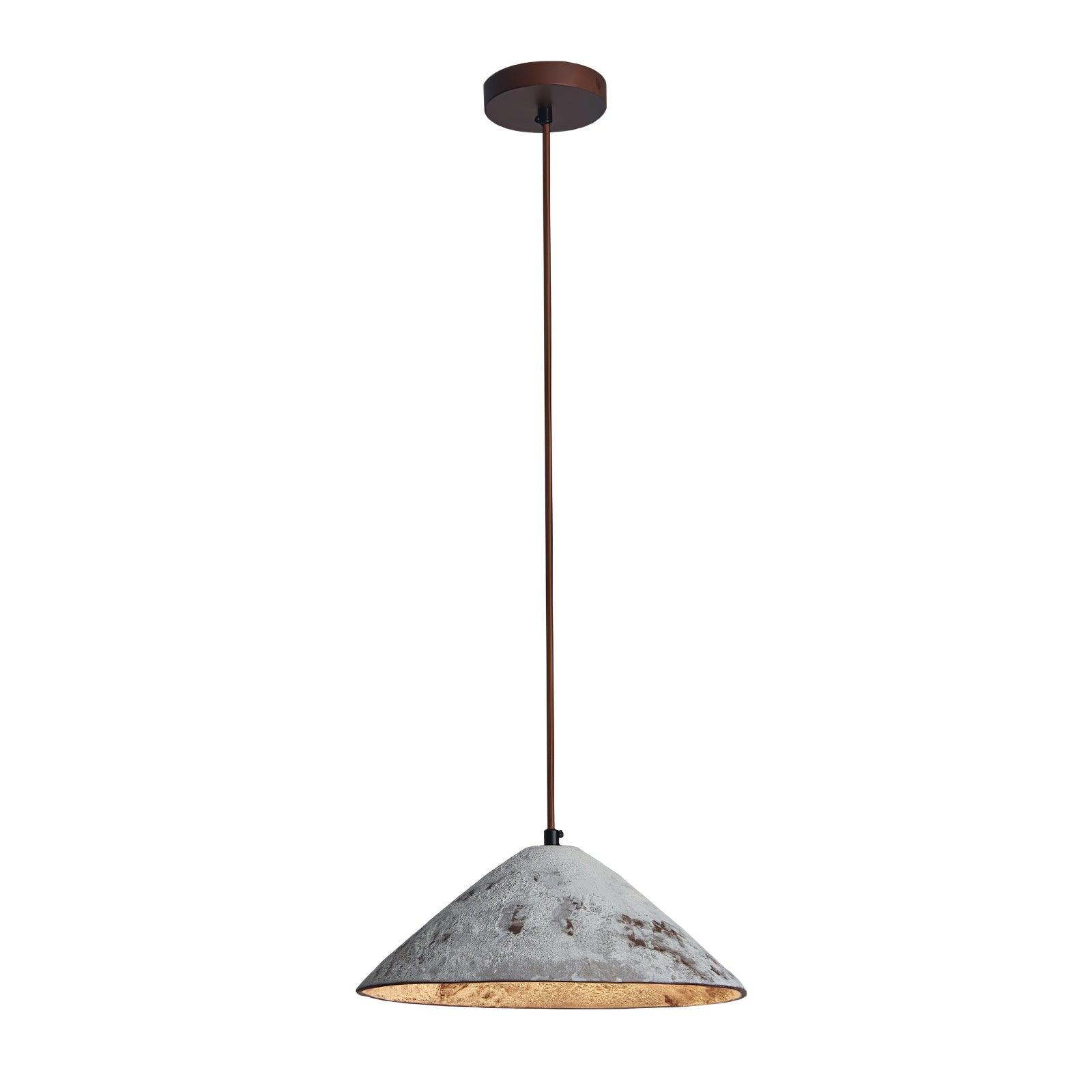 Full view of a white mottled cone pendant on a long brown cord and round brown canopy against white