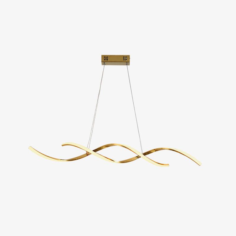 Isolated gold wave pendant with pale strips, thin wires and a rectangular canopy