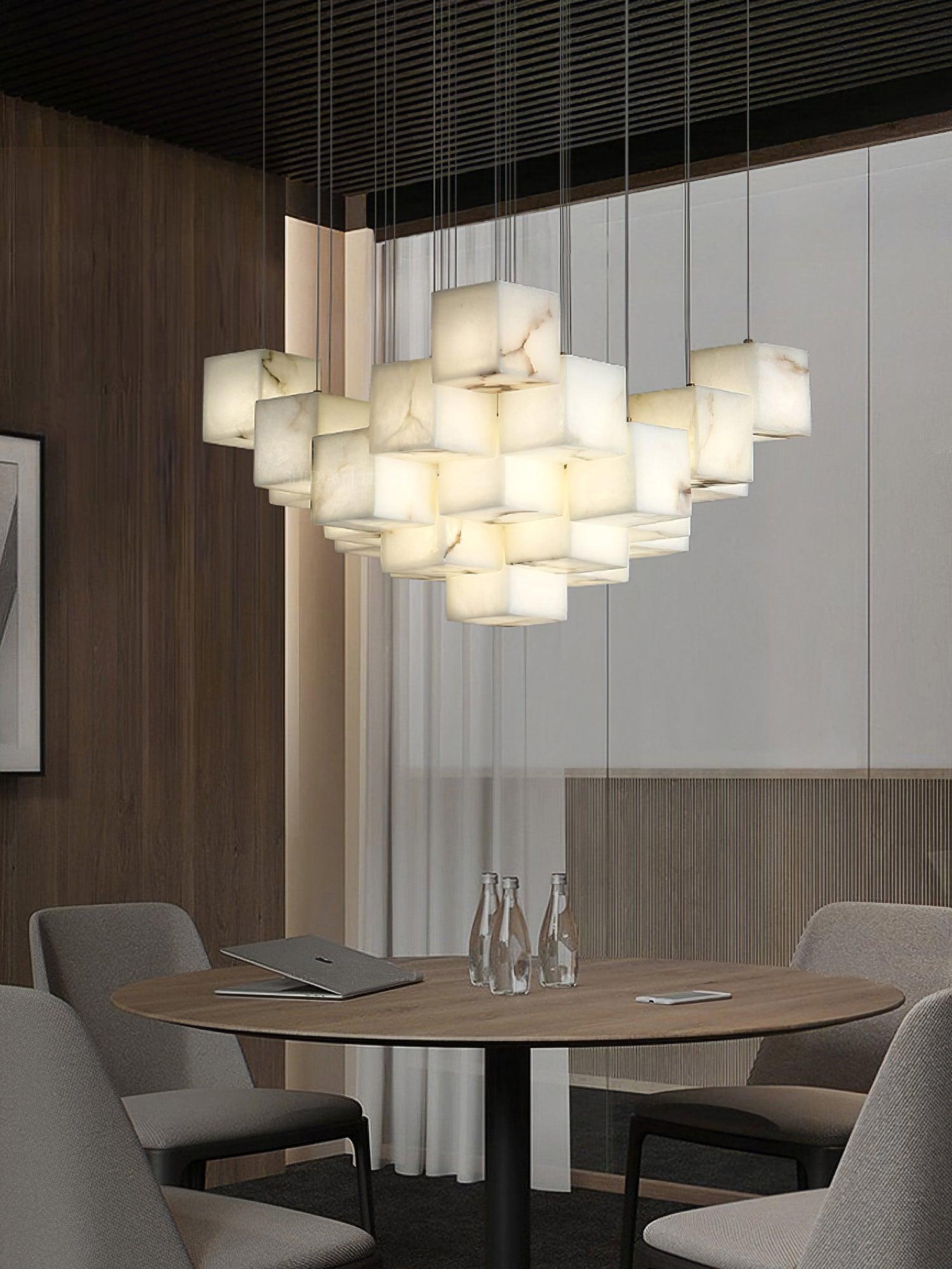 White cube cluster above a dining table