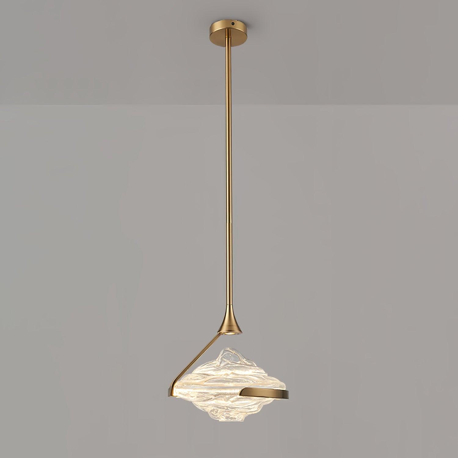 Gold-toned rod pendant with pale illuminated rippled glass and round canopy on grey background