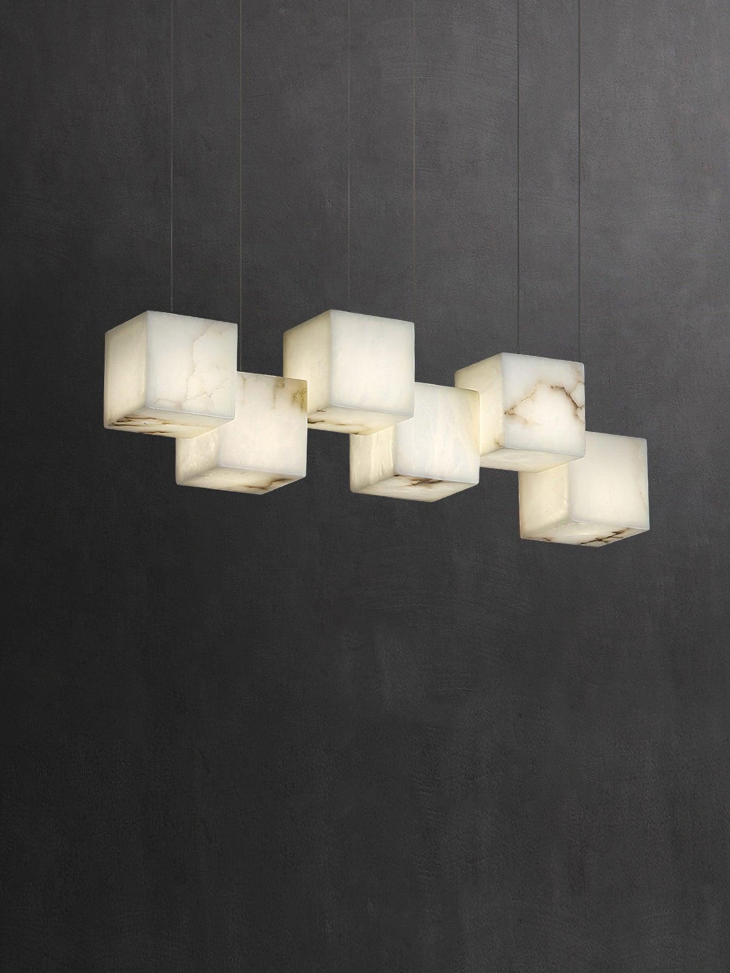 Illuminated White cubes in a linear arrangement