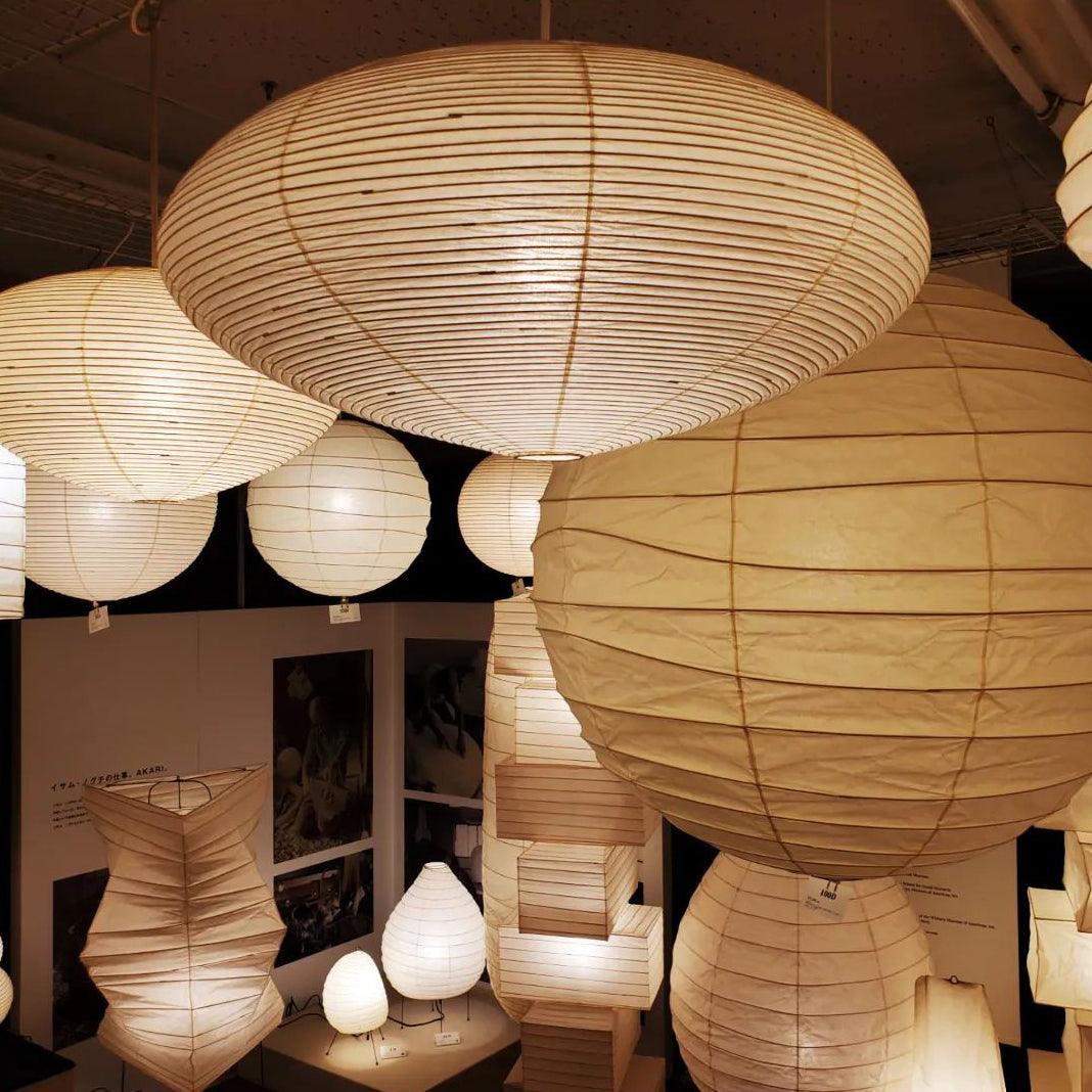 Display of paper lamps in several shapes and sizes