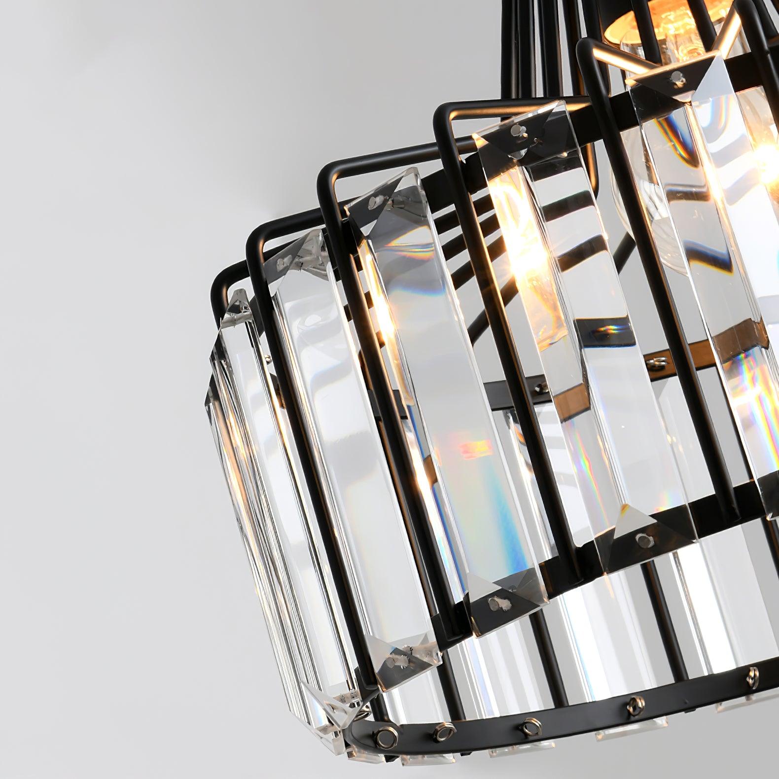 Close-up of clear faceted glass panels secured to a black frame