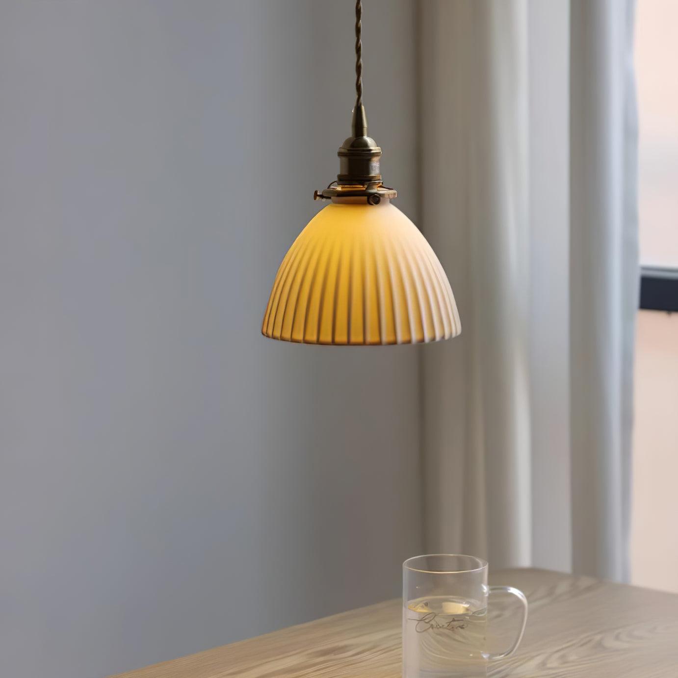 Brass Pleated Ceramic Pendant Lamp - Cueteks