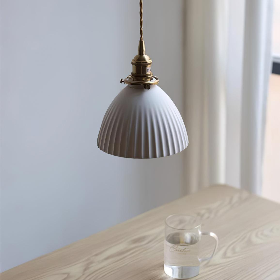 Brass Pleated Ceramic Pendant Lamp - Cueteks