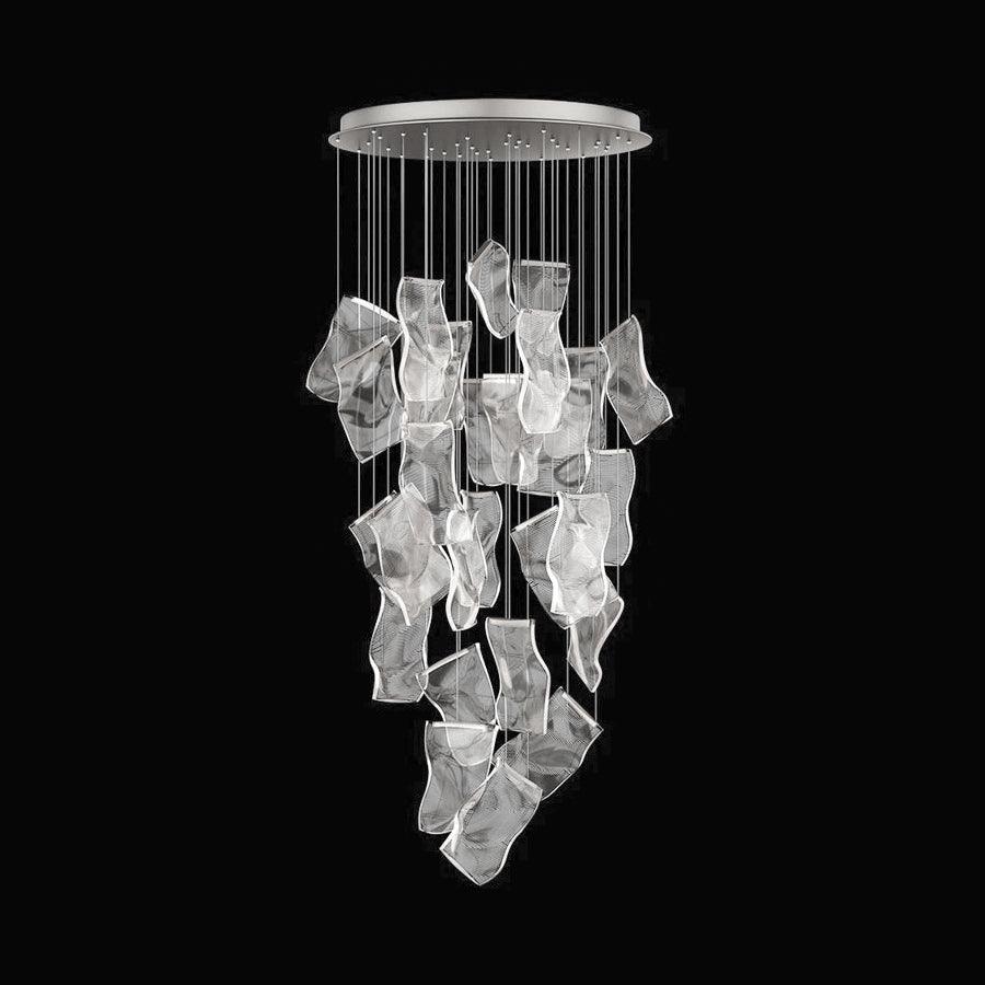 Illuminated twenty-eight-head acrylic cascade with silver-coloured canopy against a dark background