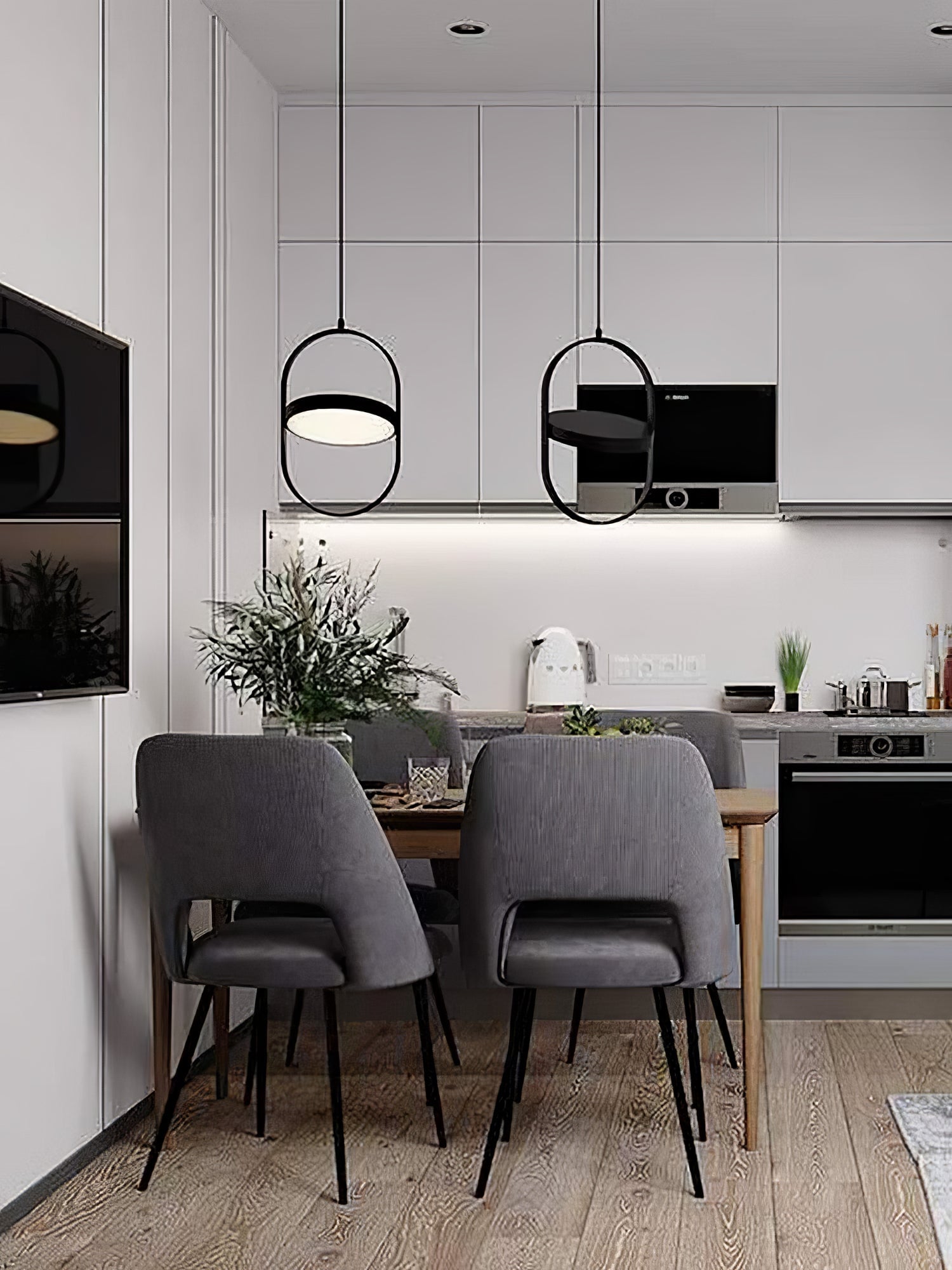 Two Black KUU pendants in a dining and kitchen scene