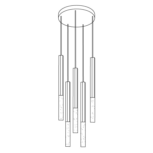 Line drawing of five staggered pendant shafts with clear lower sections beneath a round canopy