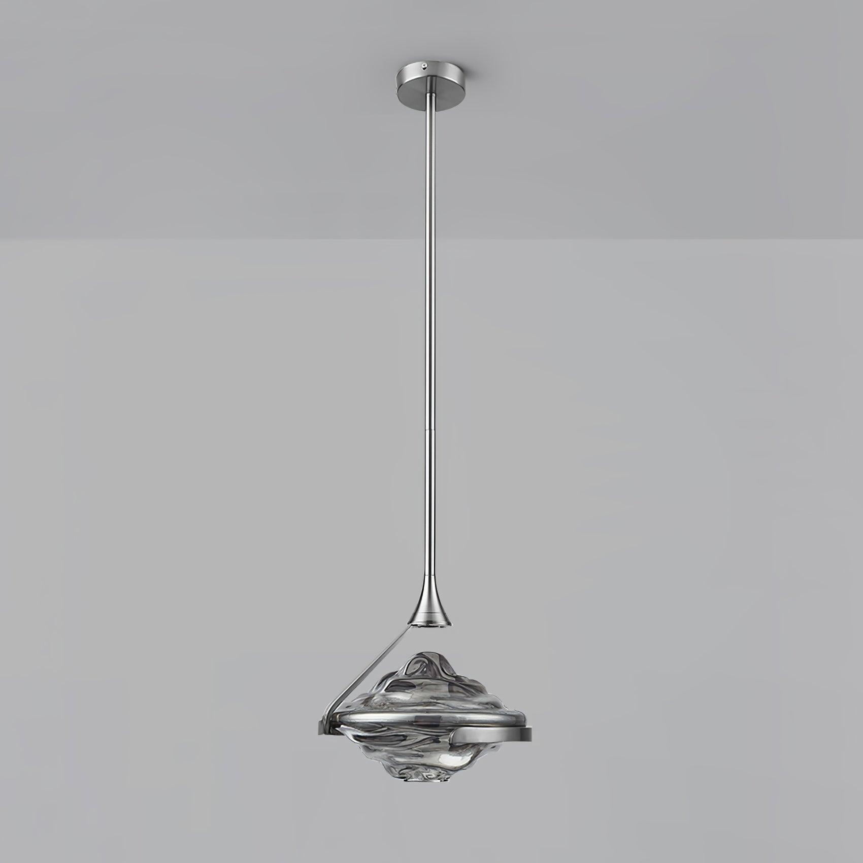 Diamond Chrome & Smoke grey pendant with dark rippled glass, long rod, open cradle and round canopy