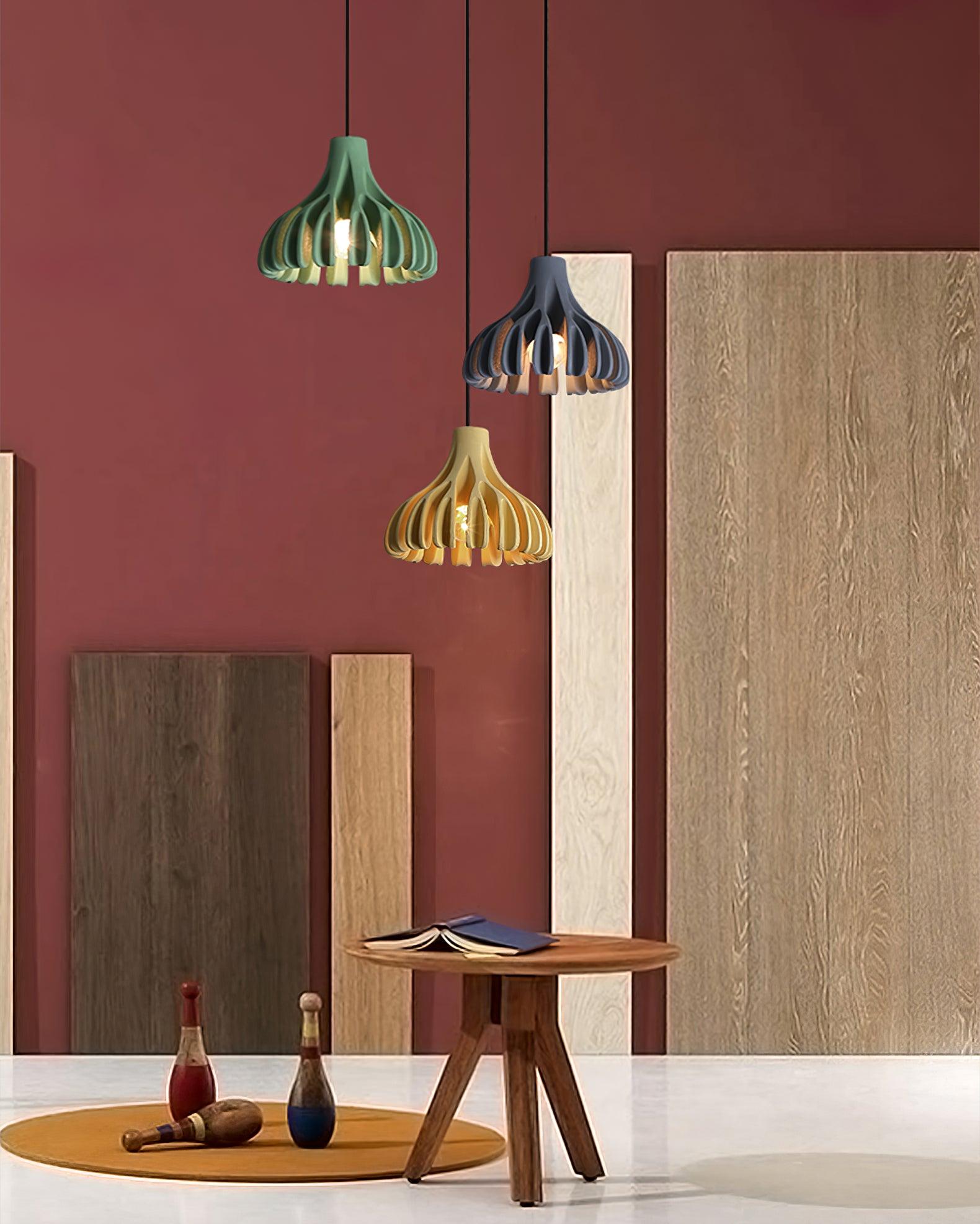 Green Black and Yellow pendants in a room corner
