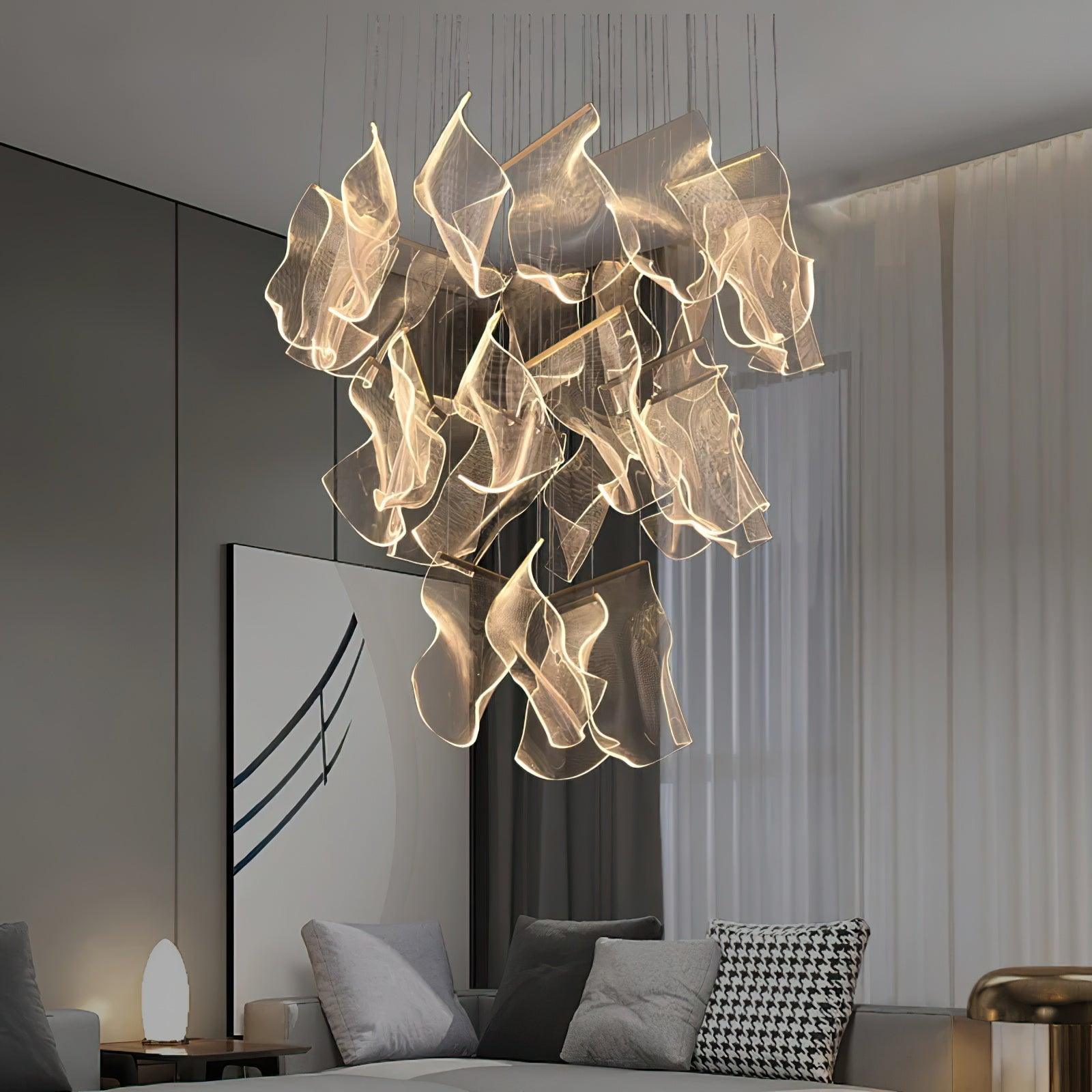 Warm-lit acrylic waves above a living-room seating area