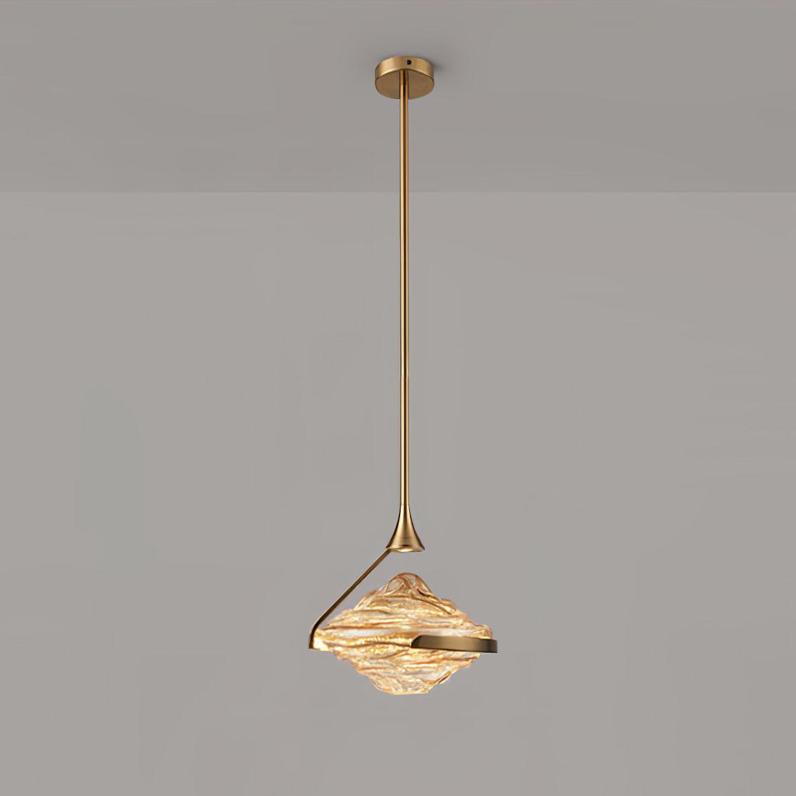 Diamond Amber & Gold pendant with rippled glass, gold-toned rod, open cradle and round ceiling canopy