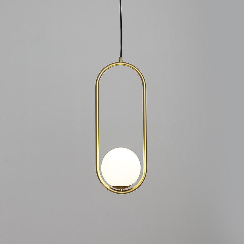 Brass-coloured oval pendant with a white globe seated inside the lower curve