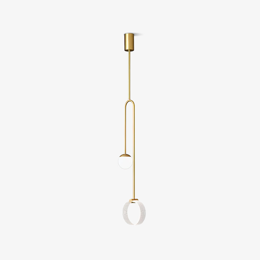 Full brass globe-and-ring pendant isolated on pale background, with inverted U frame, long rod and cylindrical canopy