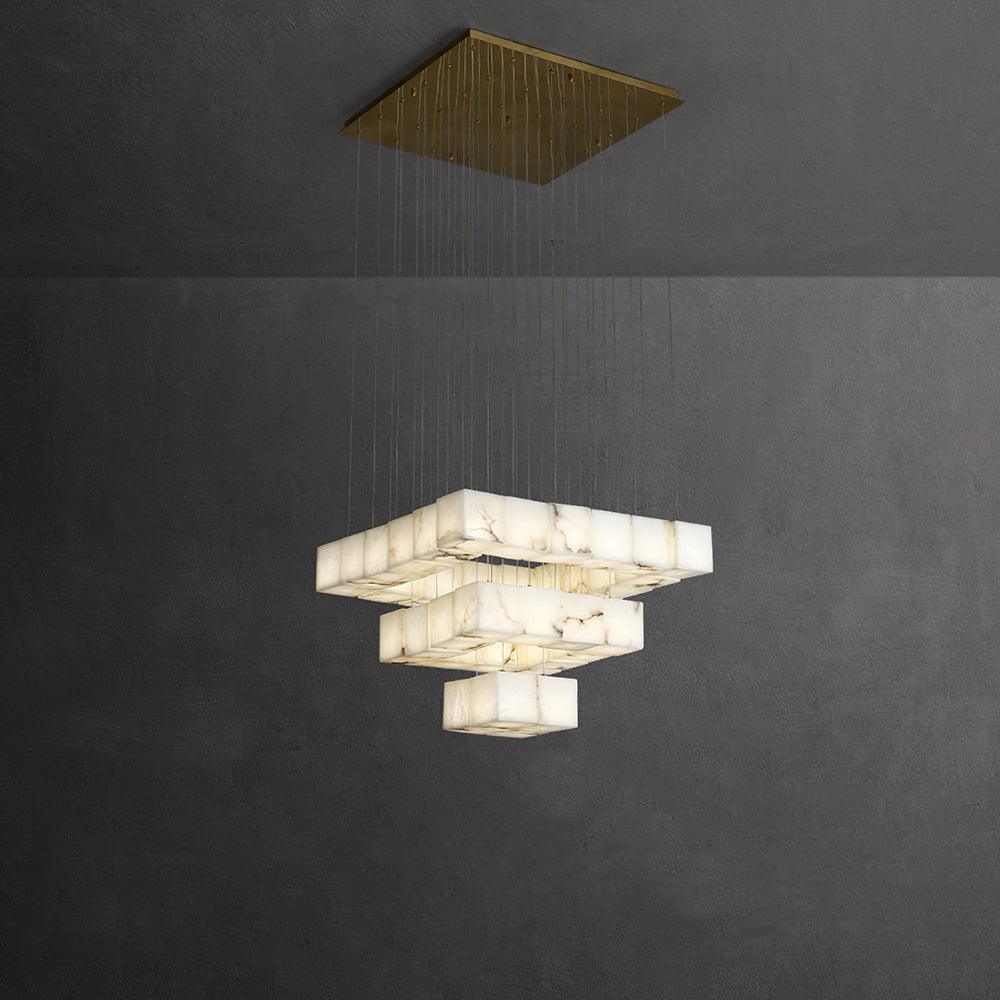 Tiered cluster of suspended White cube shades