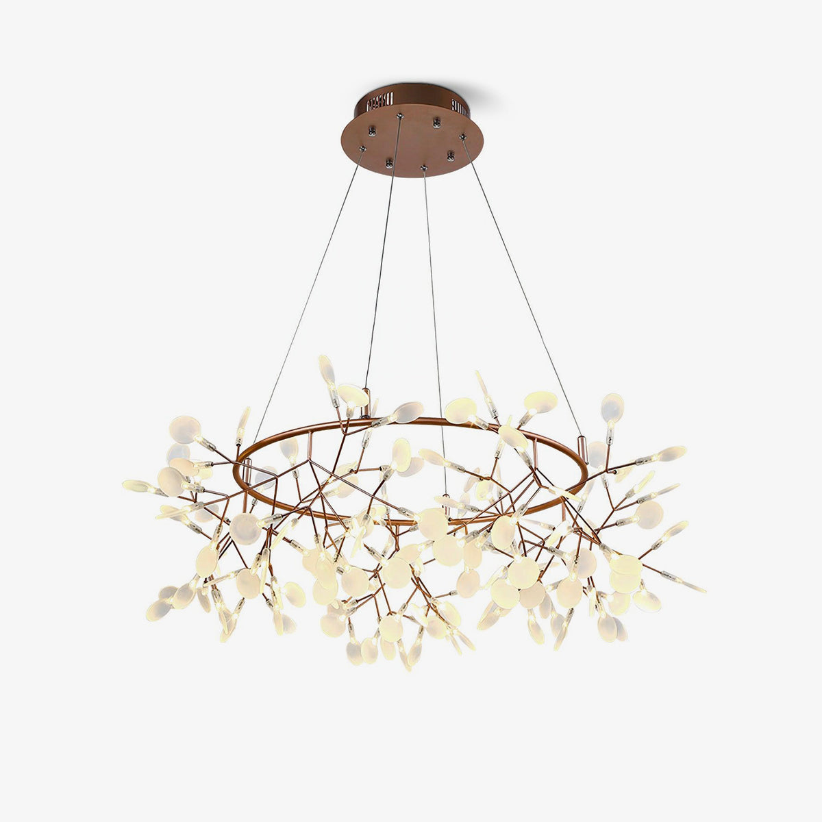 Warm metallic leaf ring chandelier from a shallow underside angle, with three lines and a vented canopy