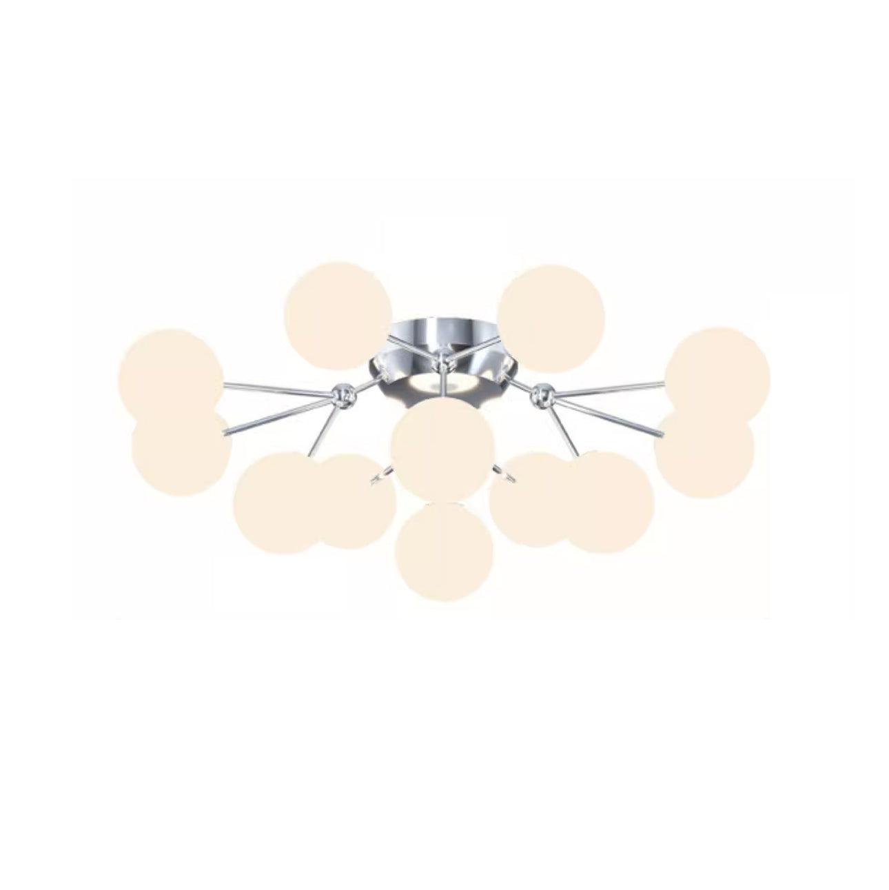 12-light Chrome & White ceiling selection with branching chrome rods, round canopy and warm-looking white globes on white