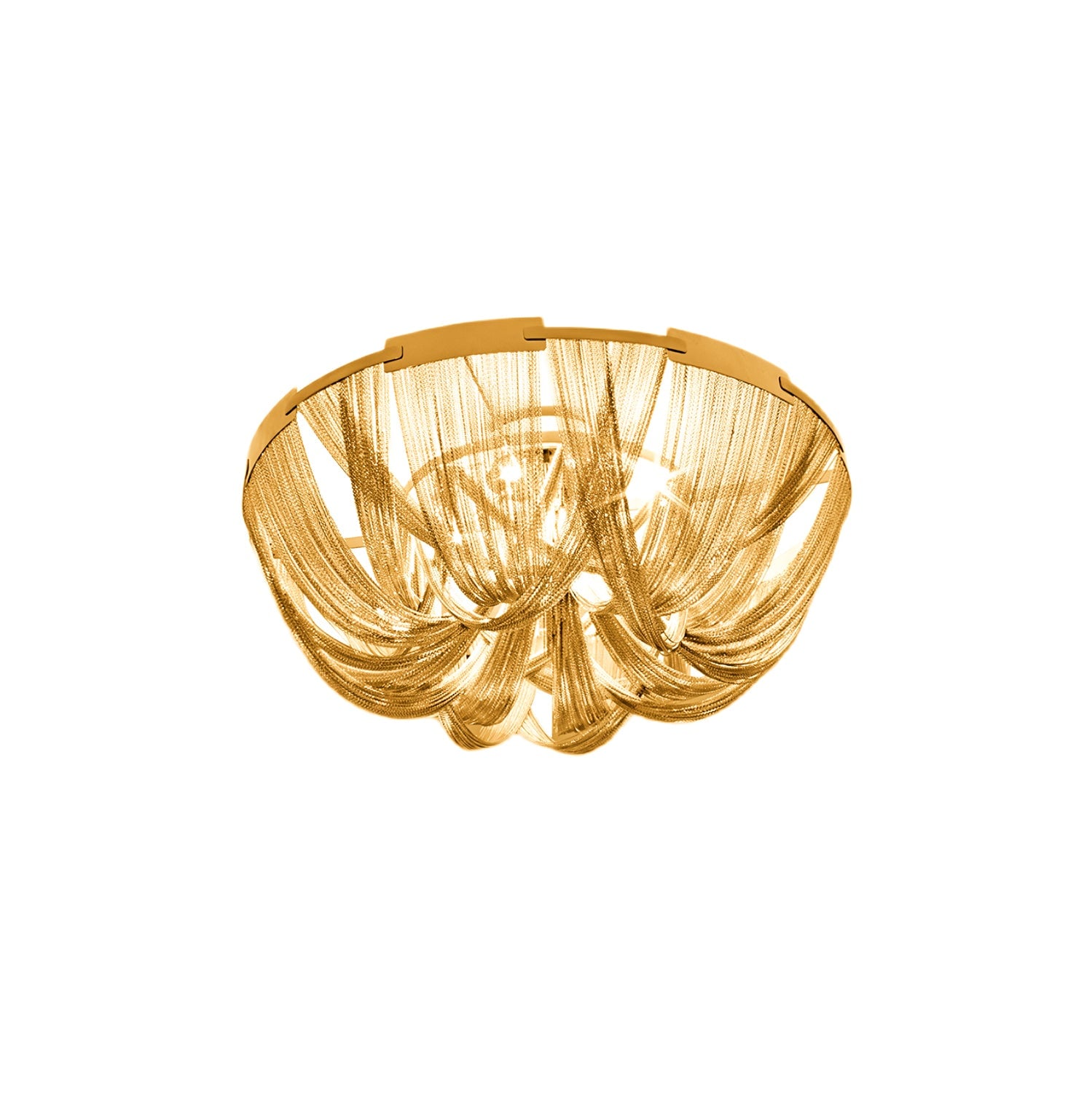 Gold chain ceiling fitting on white, with a segmented round rim and illuminated loops of fine chain