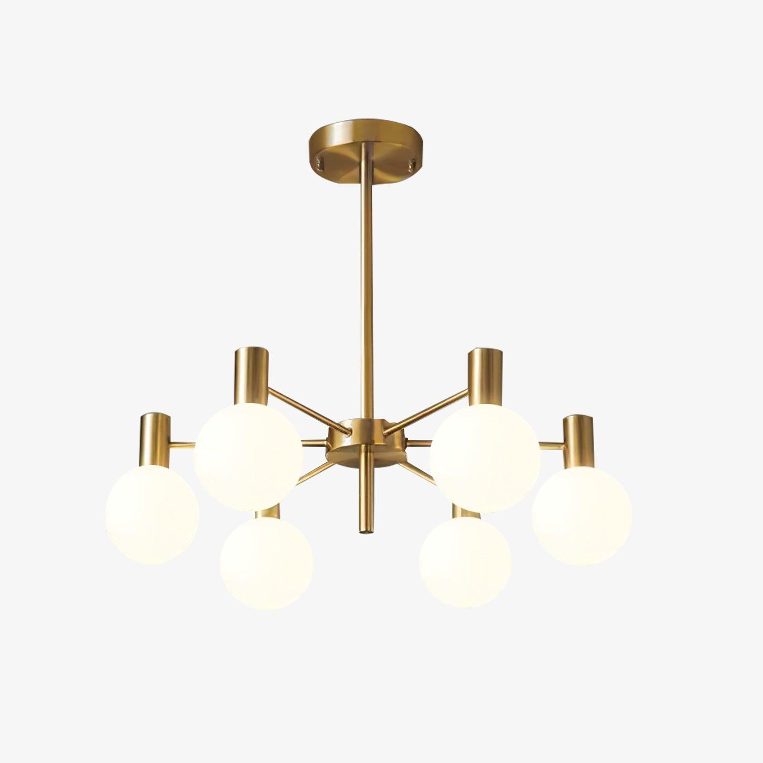 Isolated six-light white-globe chandelier with gold-tone radial arms, a ceiling rod and round canopy.