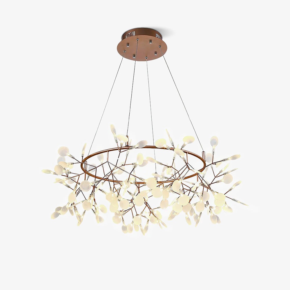 Isolated smaller warm metallic leaf ring chandelier lit, with a full round vented ceiling canopy