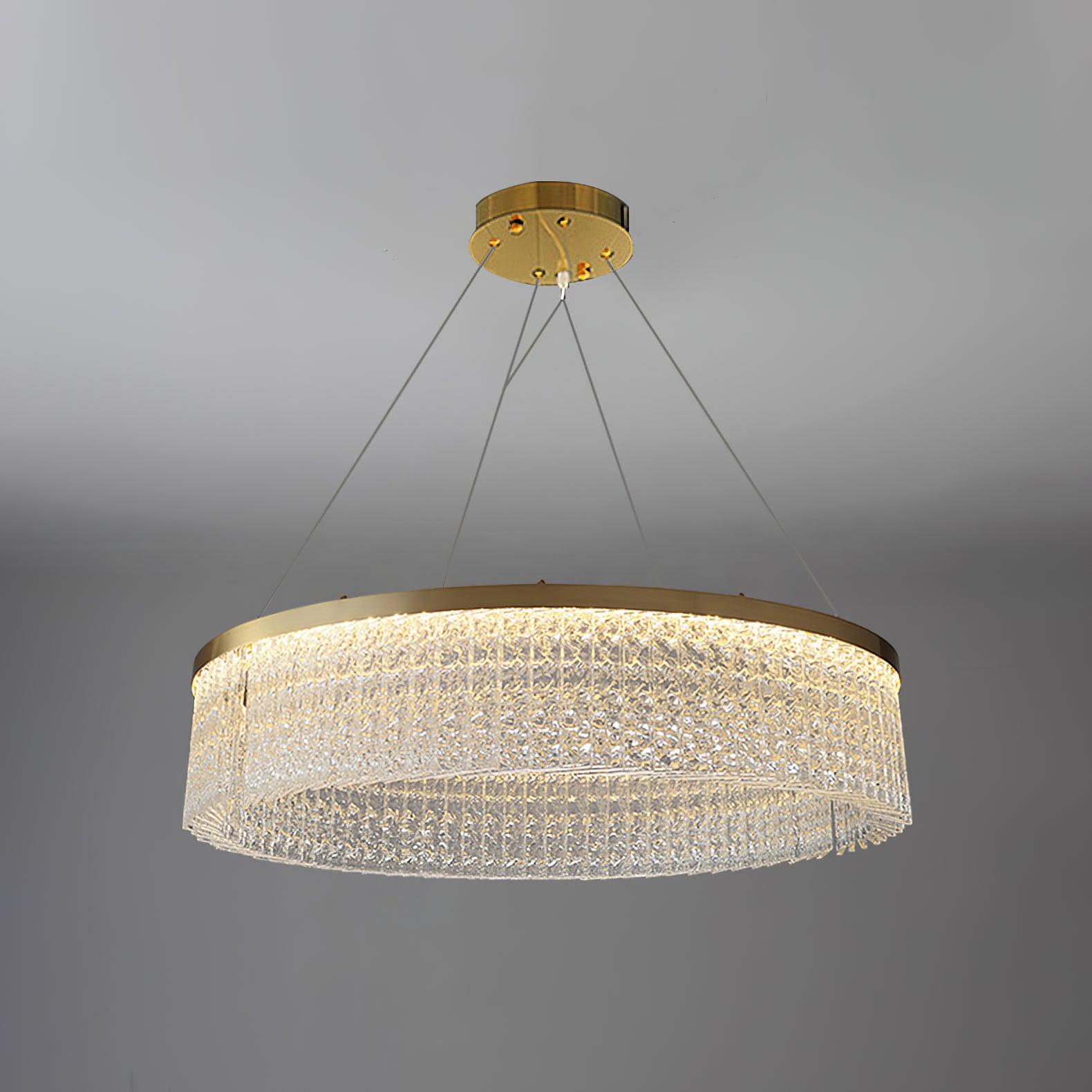 Round Halo 100 cm Copper+Clear crystal ring shown for Warm and Cool Light choices, with broad textured panel band