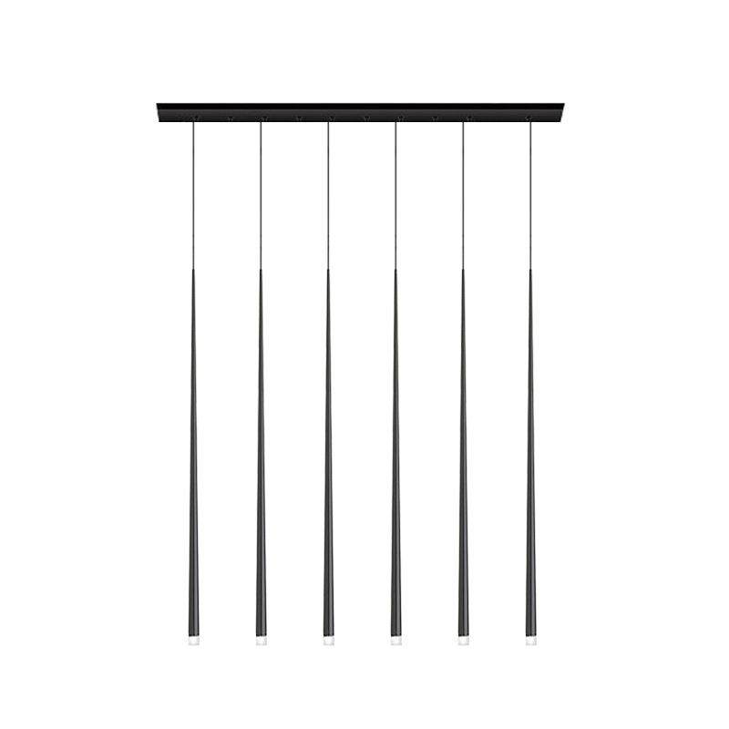 Six-light linear pendant with black rectangular canopy and 100 cm tapered tubes