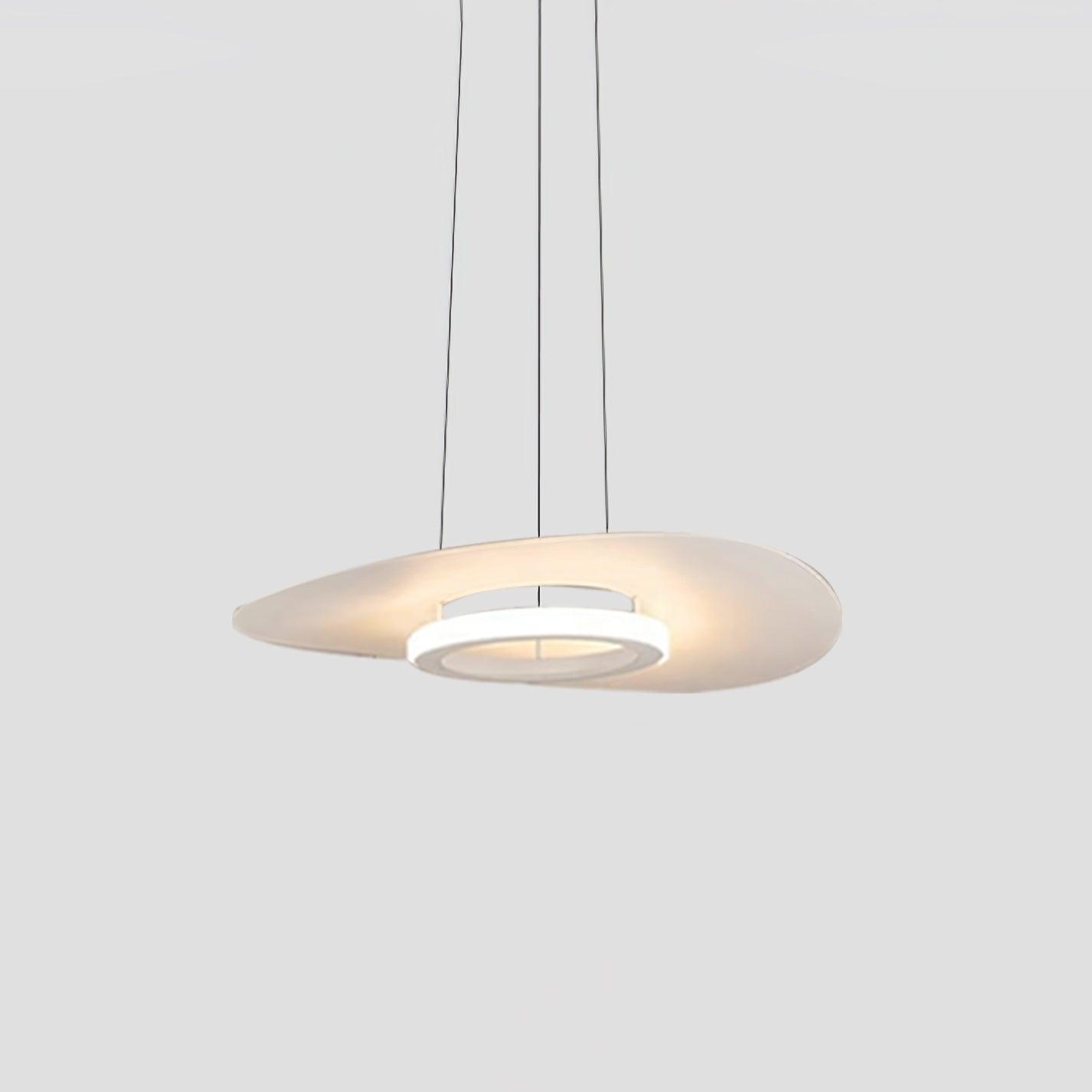 White curved disc pendant with lower luminous ring and three slim hanging lines, grey background