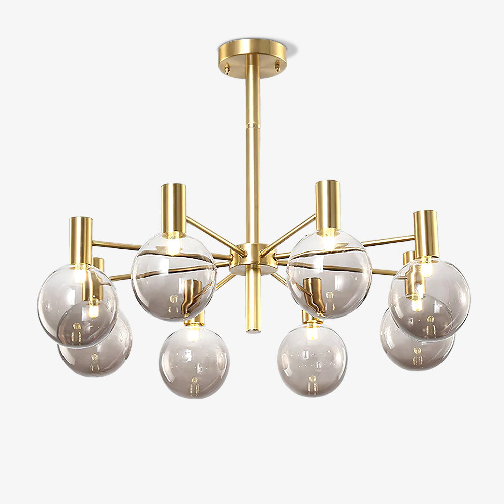 Eight-clear-globe chandelier with gold-tone arms and illuminated lamps, isolated against a white background.
