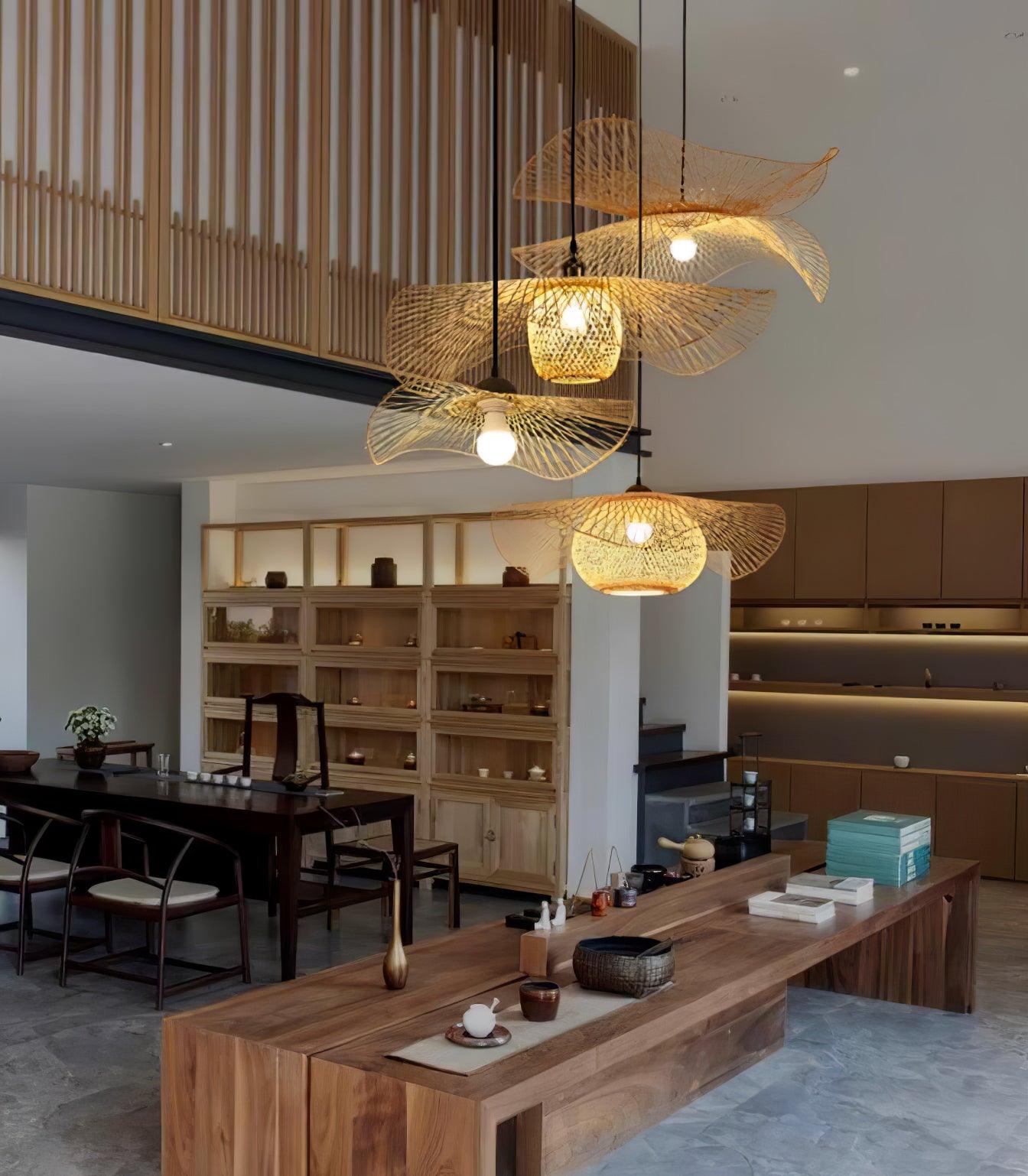 Bamboo shade cluster near an upper-floor railing