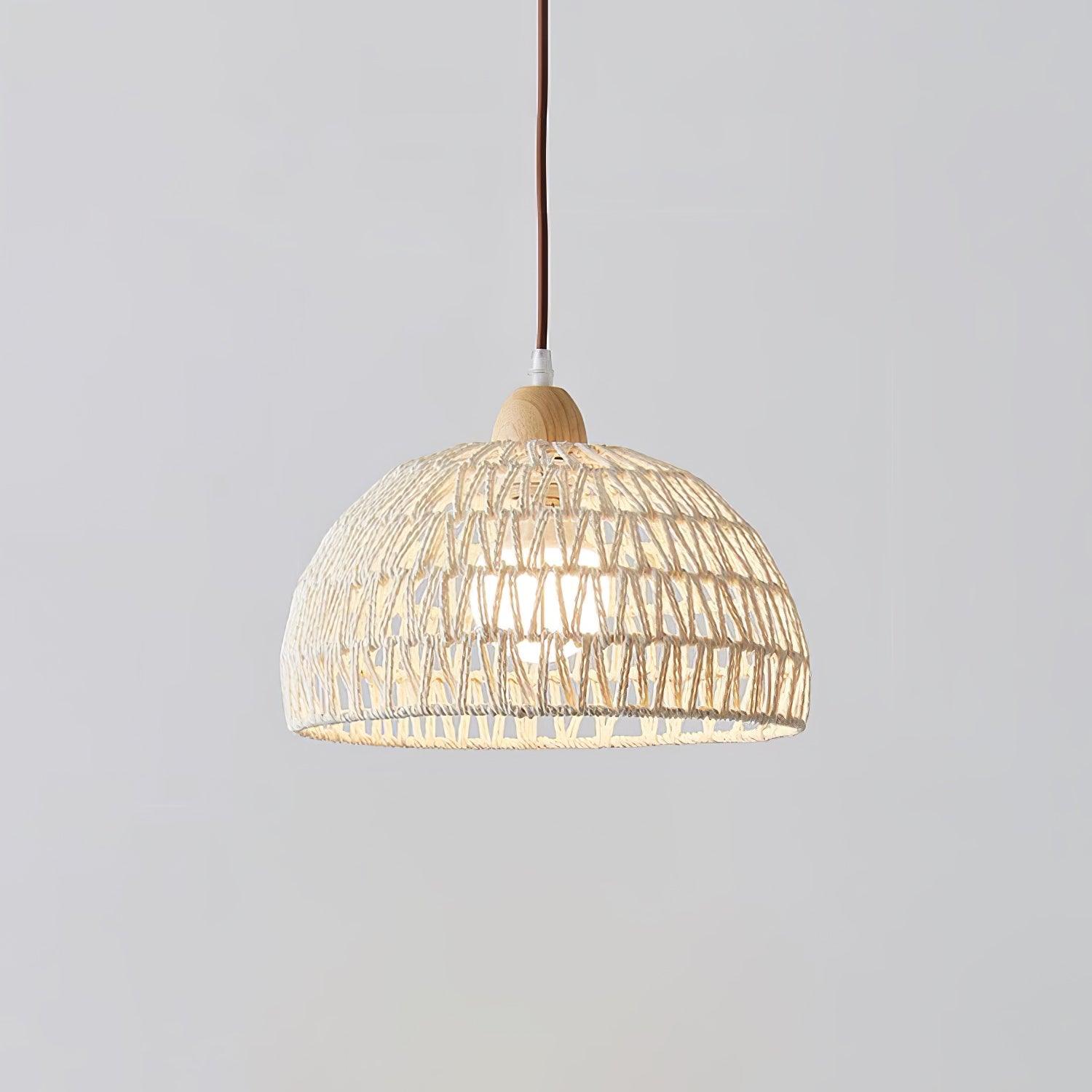 Frontal lit woven dome and wood-grain cap on brown suspension against gray