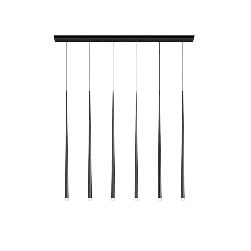 Six-light linear pendant with black rectangular canopy and 60 cm tapered tubes
