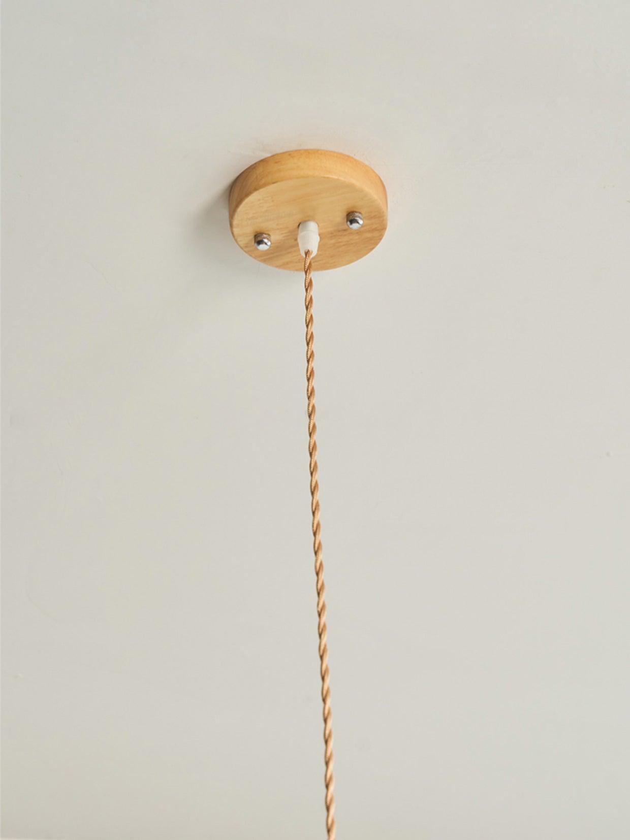 Round natural-toned ceiling canopy underside with two metal cap nuts, pale cord grip and tan twisted cable