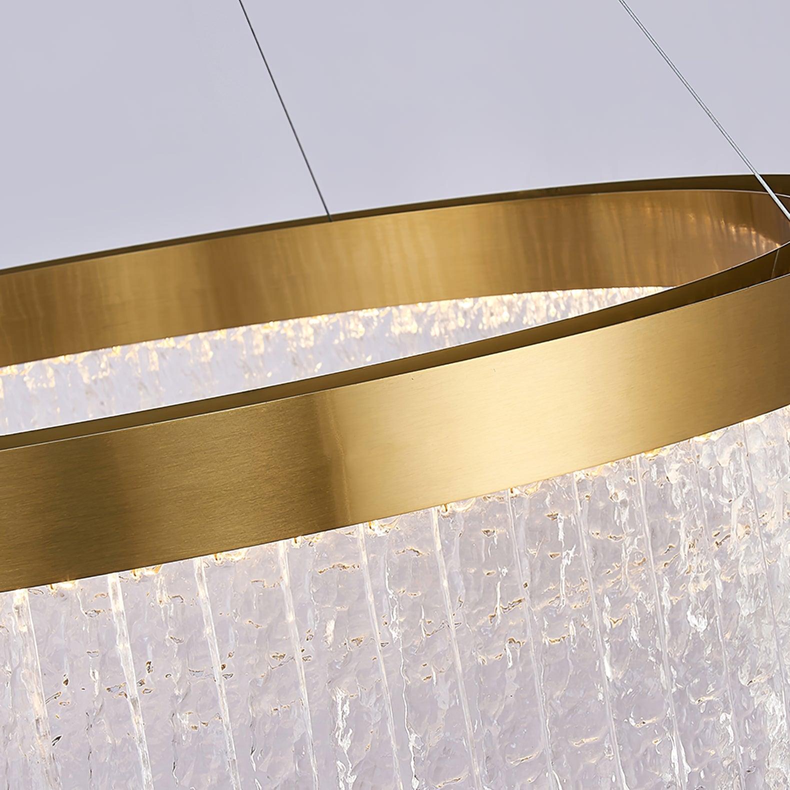 Close-up of smooth warm-metal upper and inner rims, suspension lines and illuminated clear textured panels below