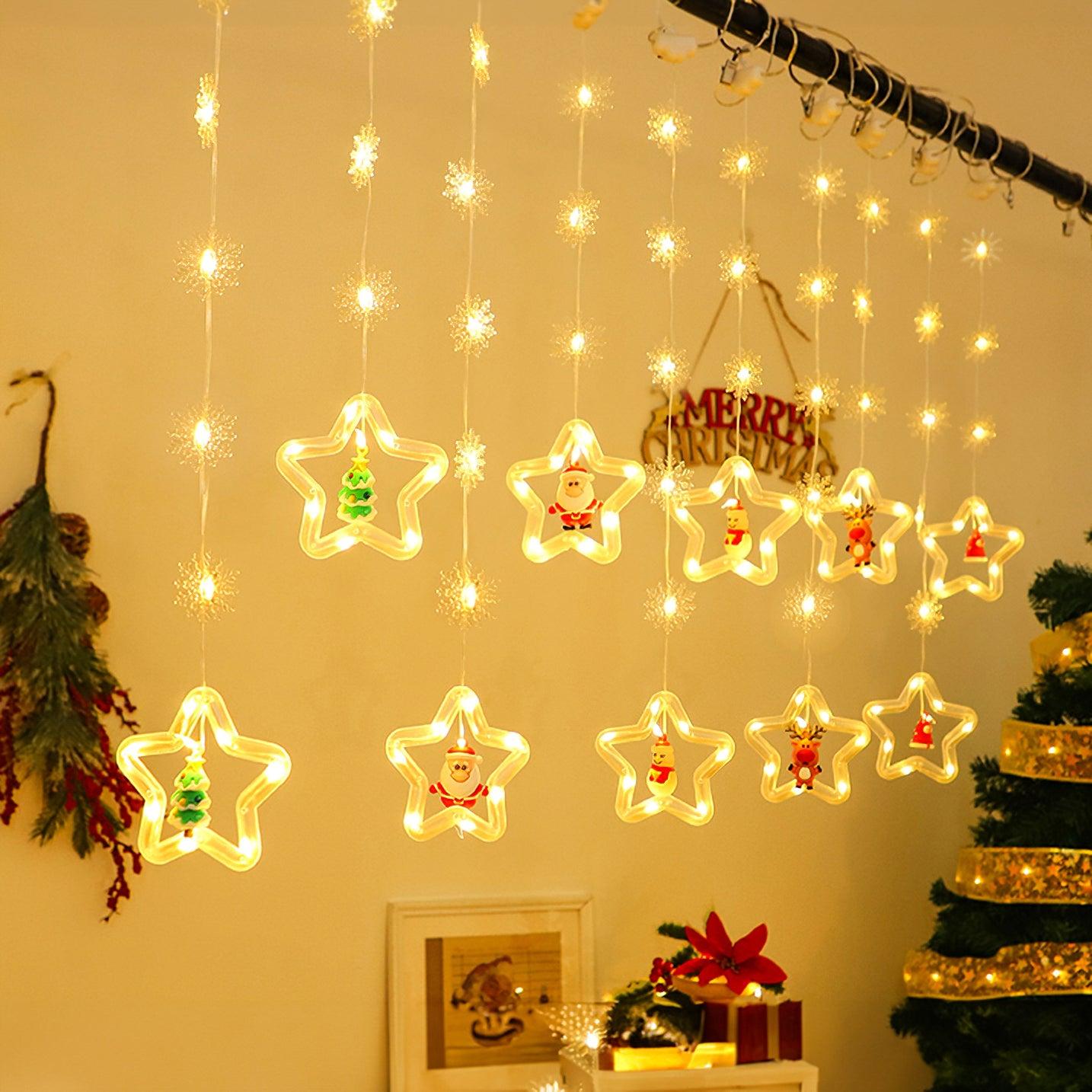 Warm star curtain beside a Christmas wall sign