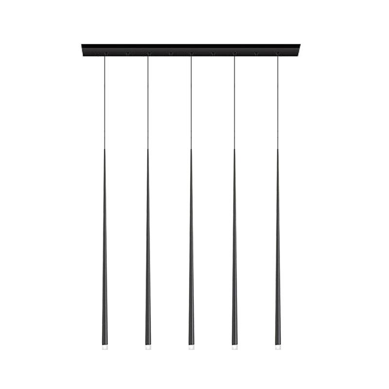 Five-light linear pendant with black rectangular canopy and 100 cm tapered tubes