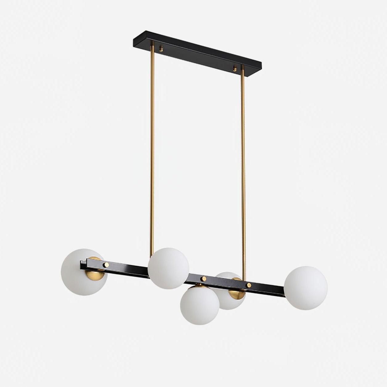 Five-globe Planeta pendant on white, with black bar, brass-tone holders, two rods and rectangular black canopy.