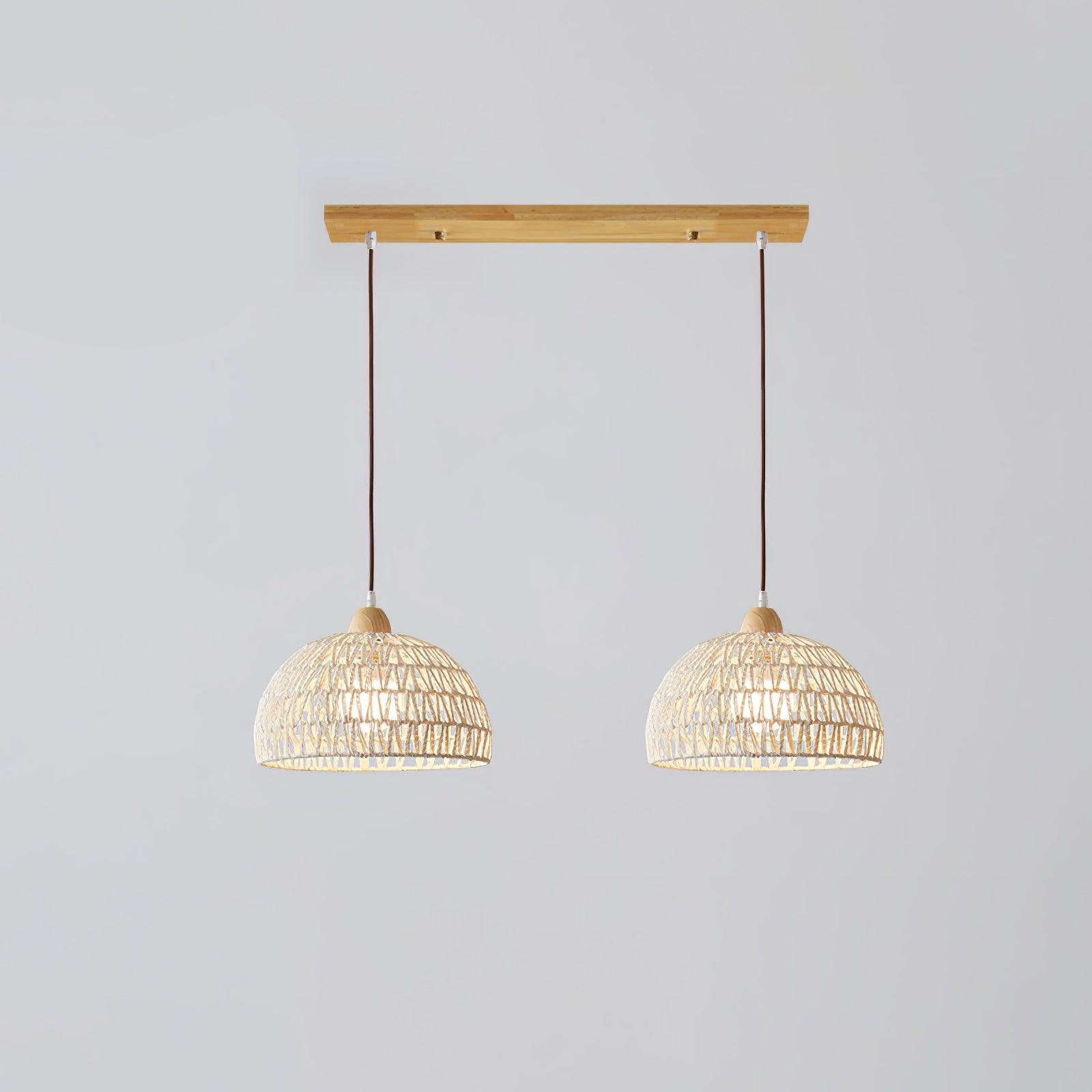 Two matching woven domes on brown lines below a rectangular wood-grain ceiling bar