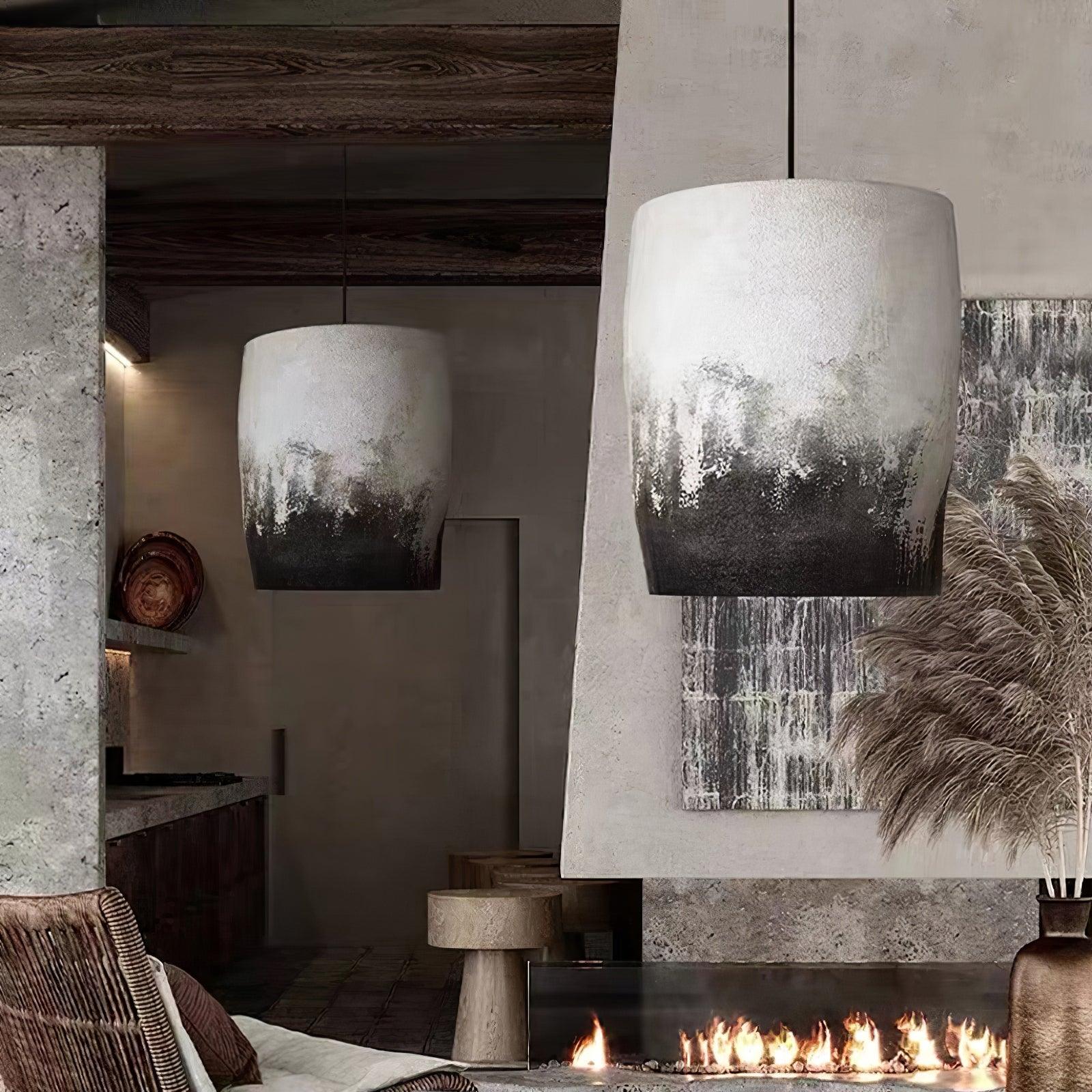 Large two-tone shade in a room with a fireplace
