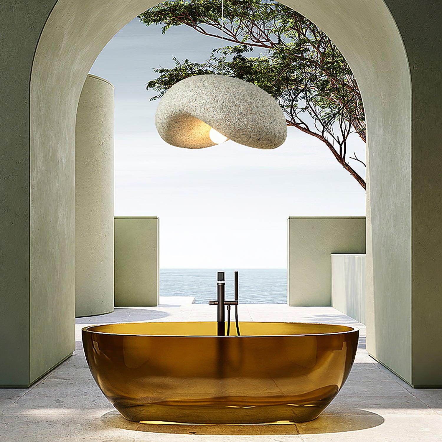 Organic pendant in a staged bathroom setting