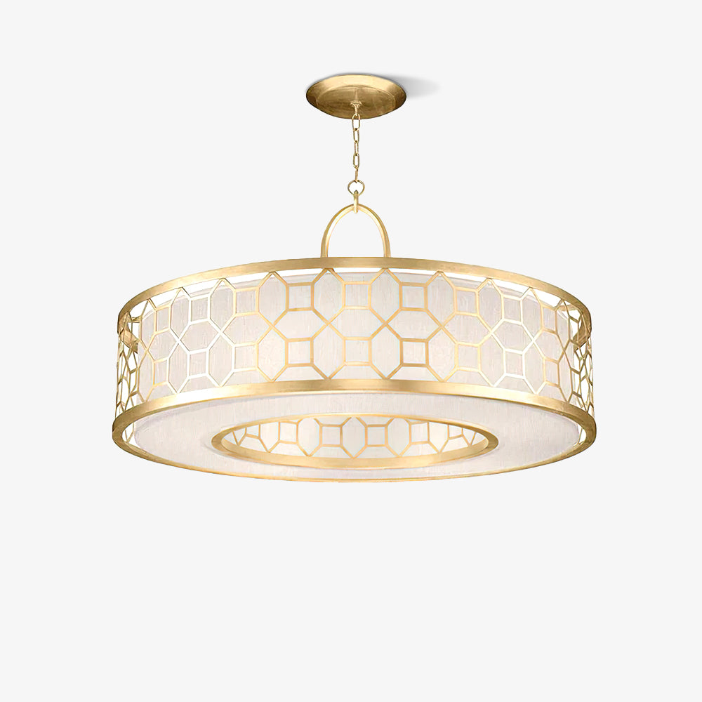 Lit gold-tone geometric drum isolated on white with a bright annular underside, central opening, hanging ring and chain