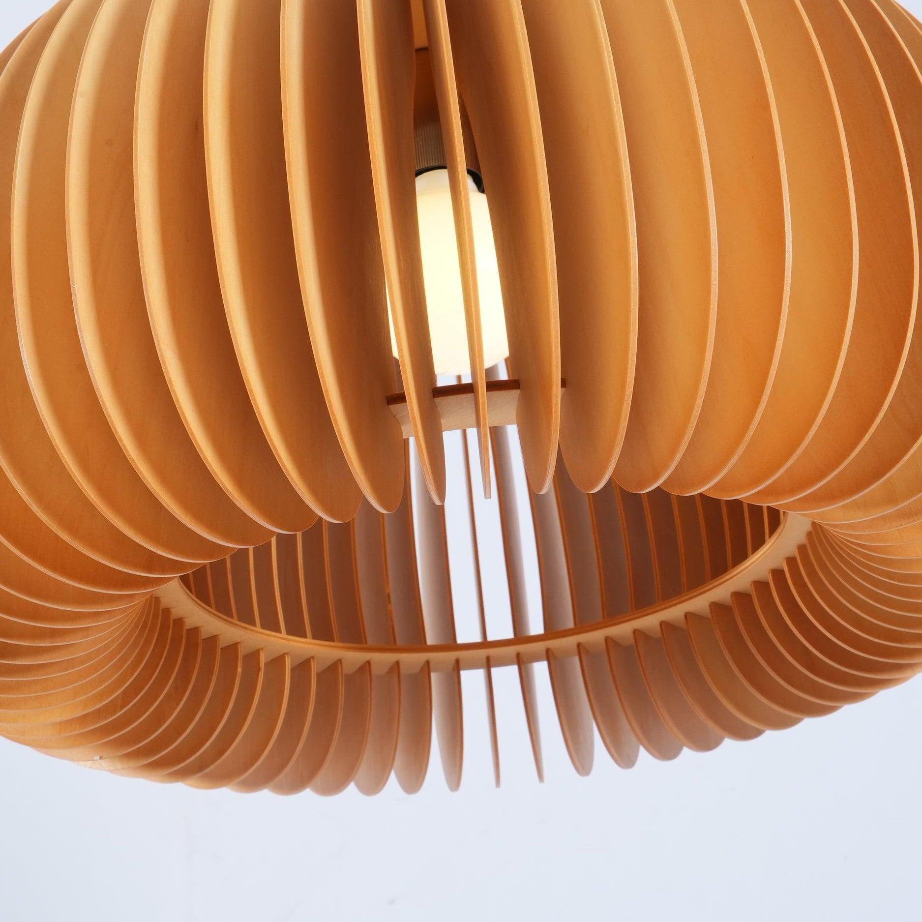 Underside close-up of the open wood slat ring, thin curved edges and central bulb