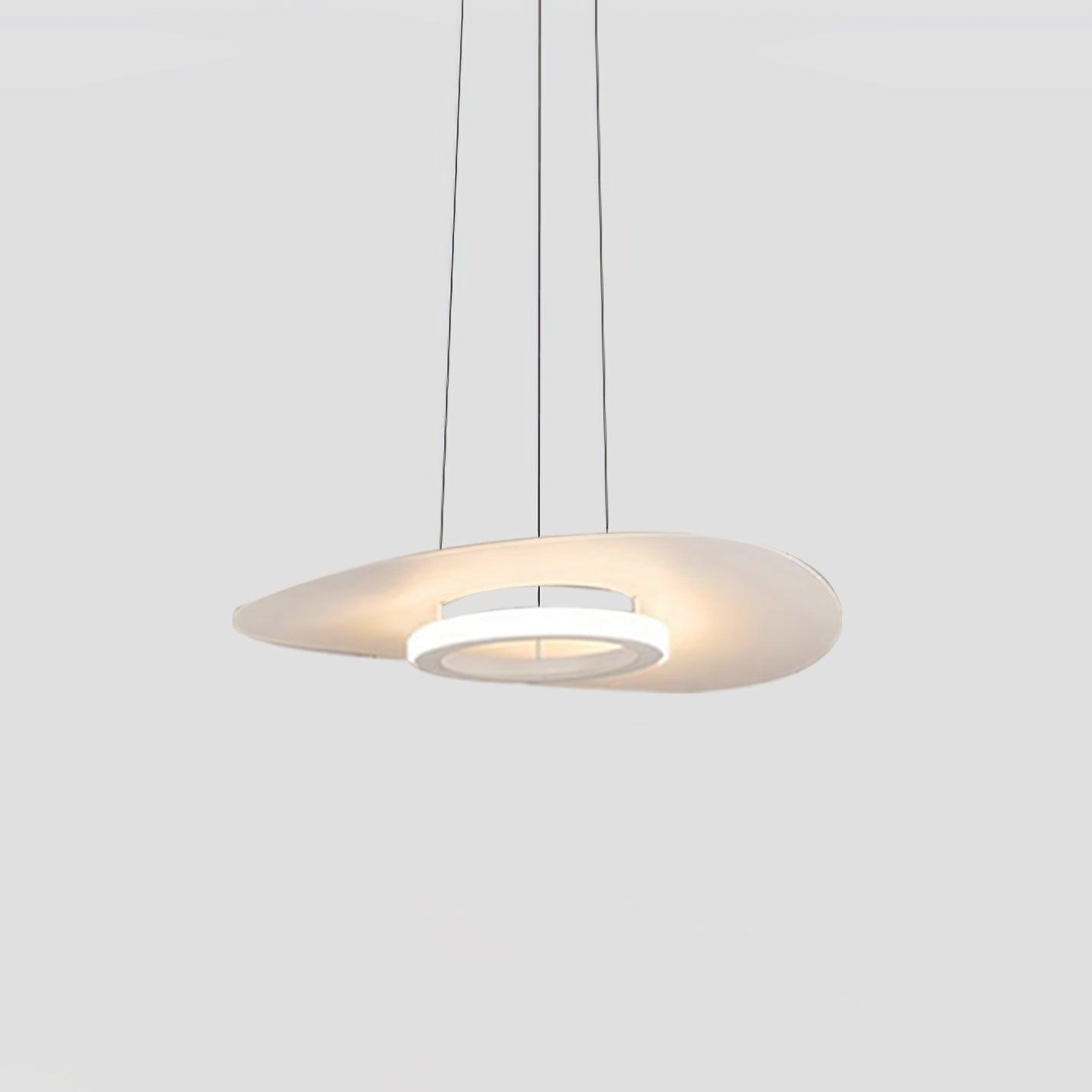White disc shade and glowing circular element viewed from below on a pale grey background