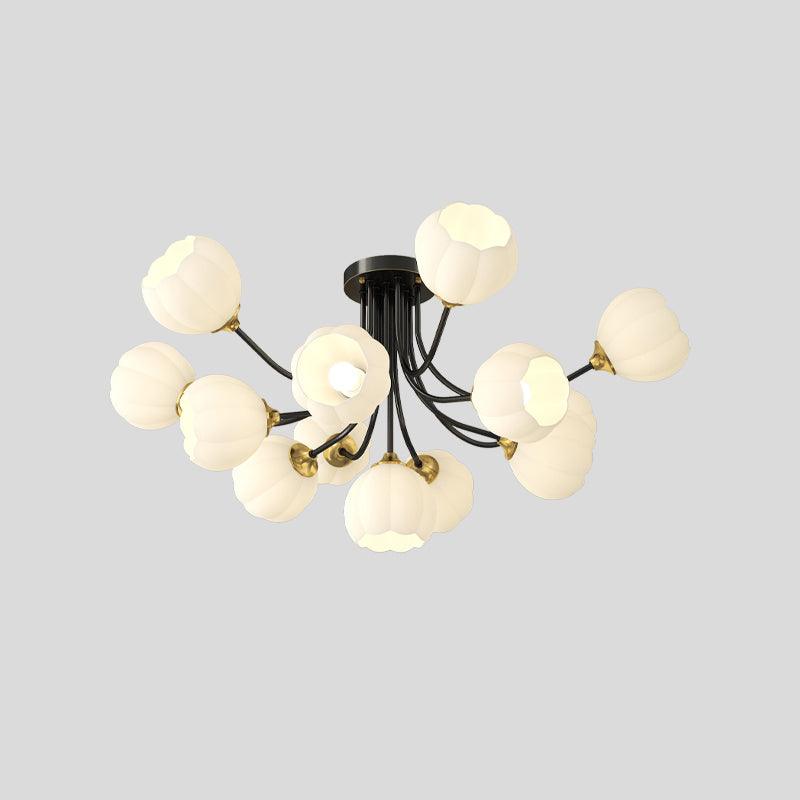 Thirteen-head Black & White Pumpkin ceiling light with branching black arms and white lobed glass shades