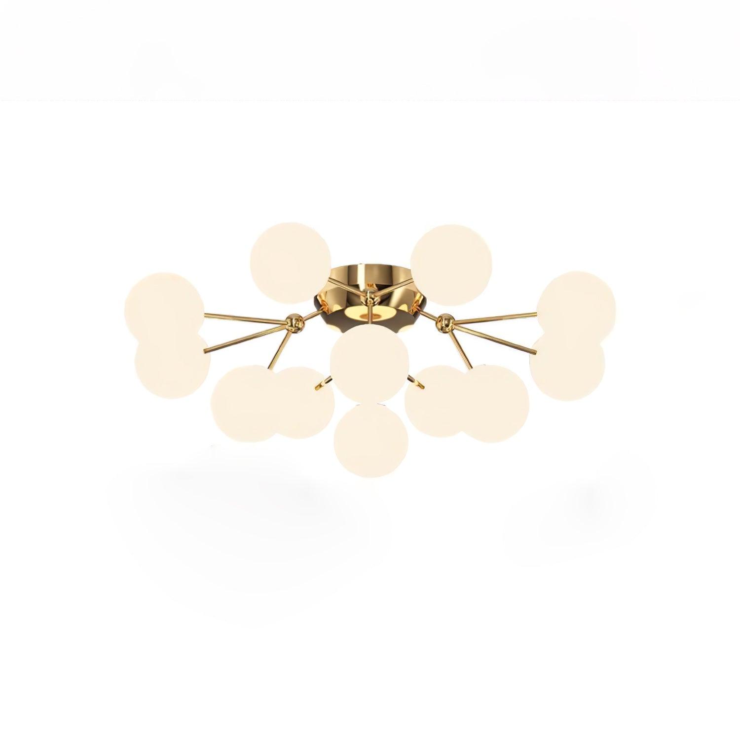 12-light Gold & White ceiling selection with branching gold rods, round canopy and warm-looking white globes on white