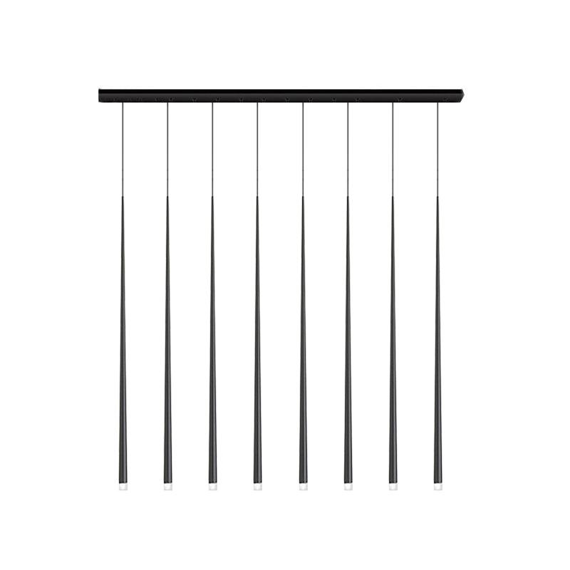 Eight-light linear pendant with black rectangular canopy and 100 cm tapered tubes