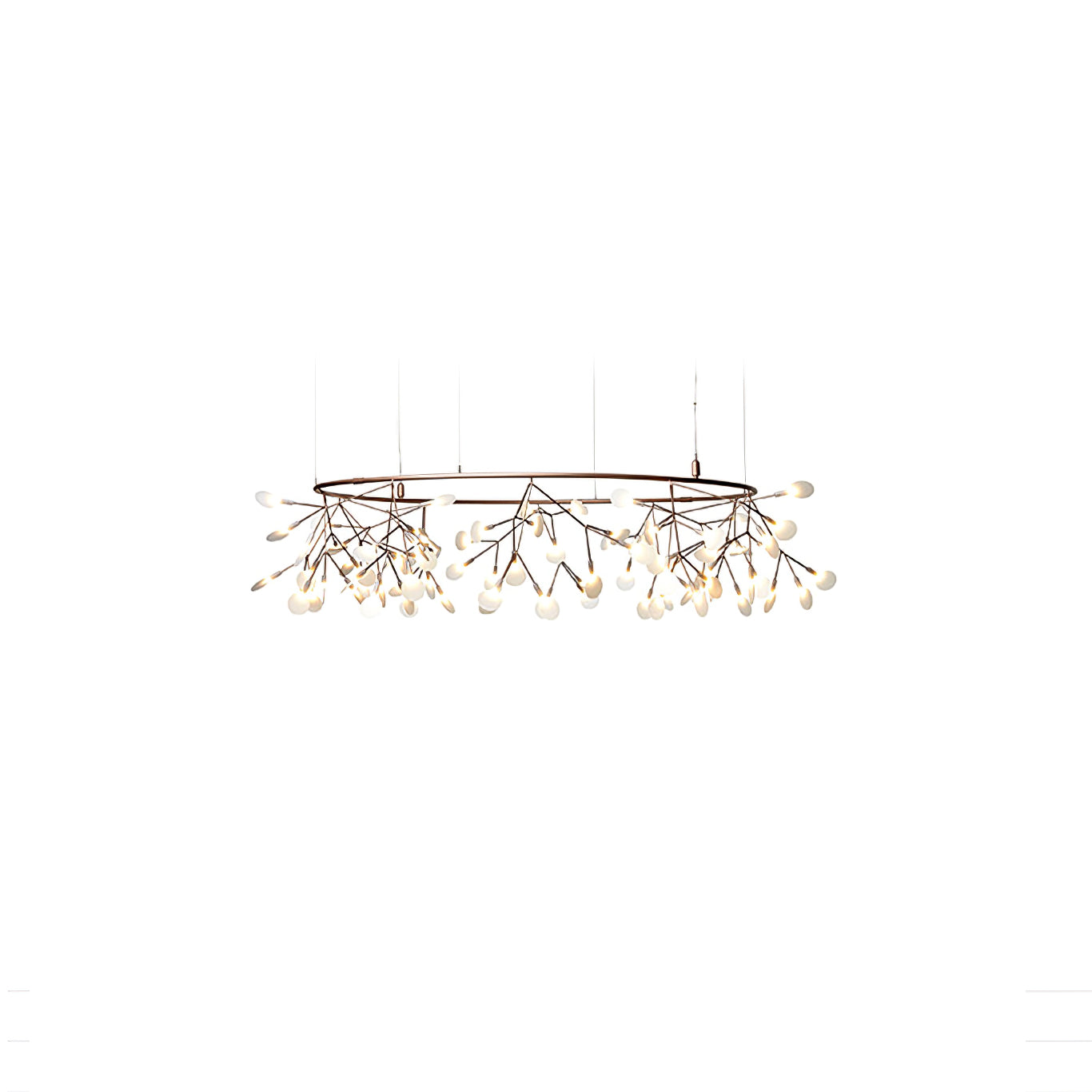 Wide shallow warm metallic ring chandelier with hanging branches and lit white leaf tips on white