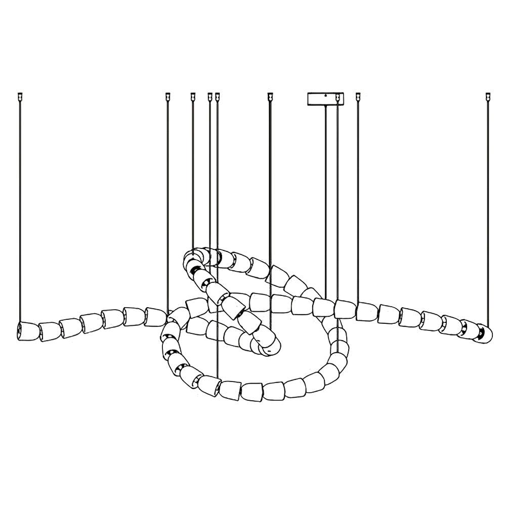 Style E 63-head selection drawing of a broad knot-like modular curve, open ends, canopy and multiple suspension lines.