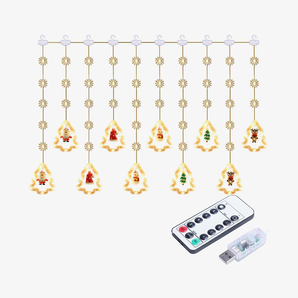 Christmas tree-outline curtain layout pictured with remote and USB connector