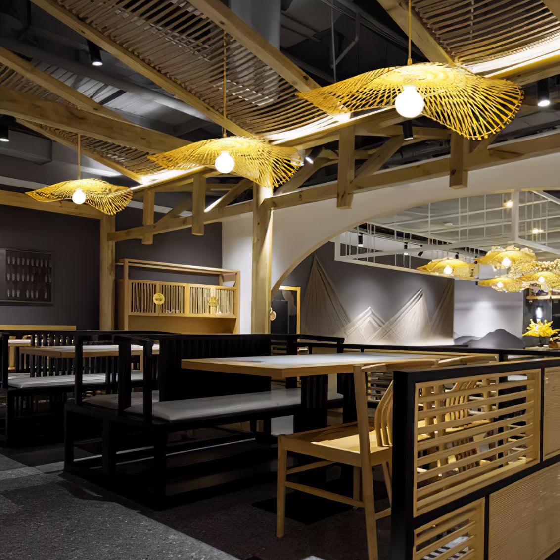 Wavy bamboo pendants above an open dining area