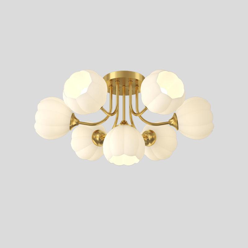 Seven-head Brass & White Pumpkin ceiling light with brass-colour curved arms and white glass shades